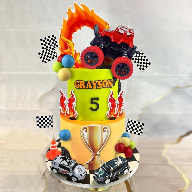 Truck Racing Car Cake Toppers in Red Blue Yellow Green Ball Race Themed Party Decorations Truck Cake Decorations Supplies