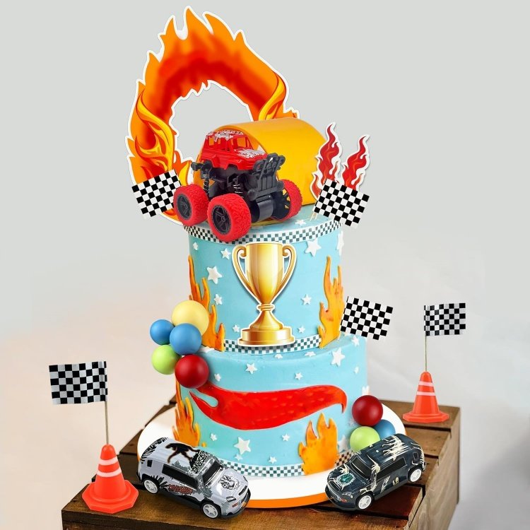 Truck Racing Car Cake Toppers in Red Blue Yellow Green Ball Race Themed Party Decorations Truck Cake Decorations Supplies