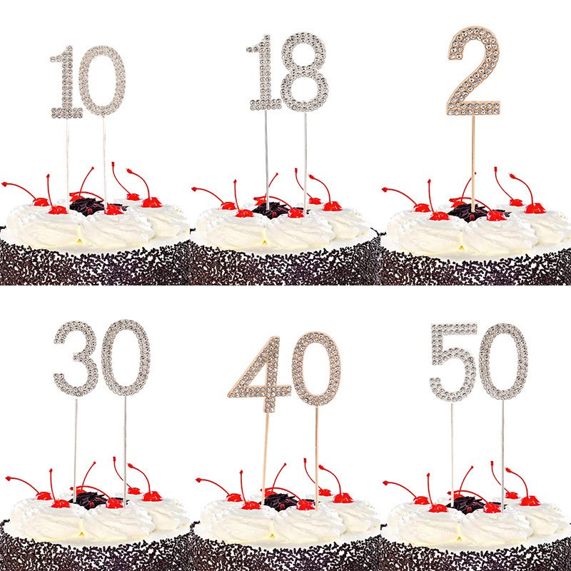 Cupcake Toppers Number 0-9 Bling Rhinestone Decorations Metal Alloy Large Number Glitter Christmas Happy Birthday Cake Toppers