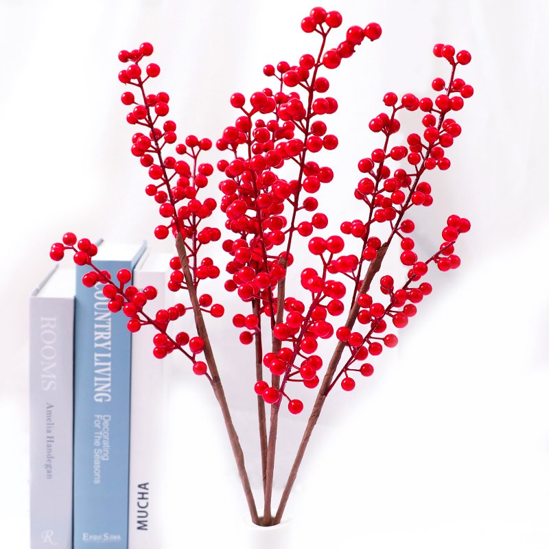 Christmas Atmosphere Layout Supplies Decorative Flowers Wholesale Red Fruit Artificial Holly plastic holly cake decoration