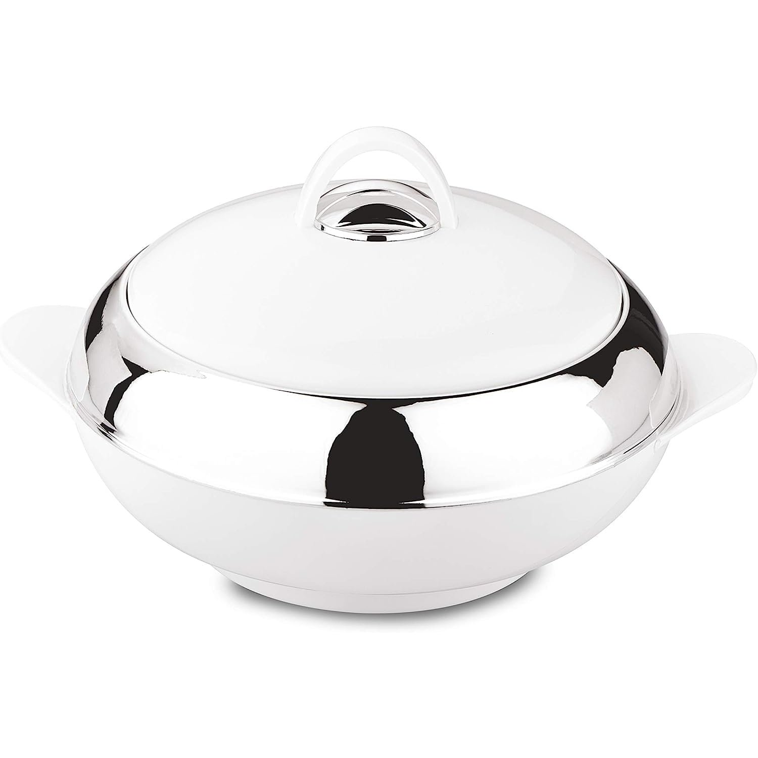 Round Designer Casseroles in Mirror Polished Stainless Steel Perfect for Tabletop Food Serving and Warming Casseroles