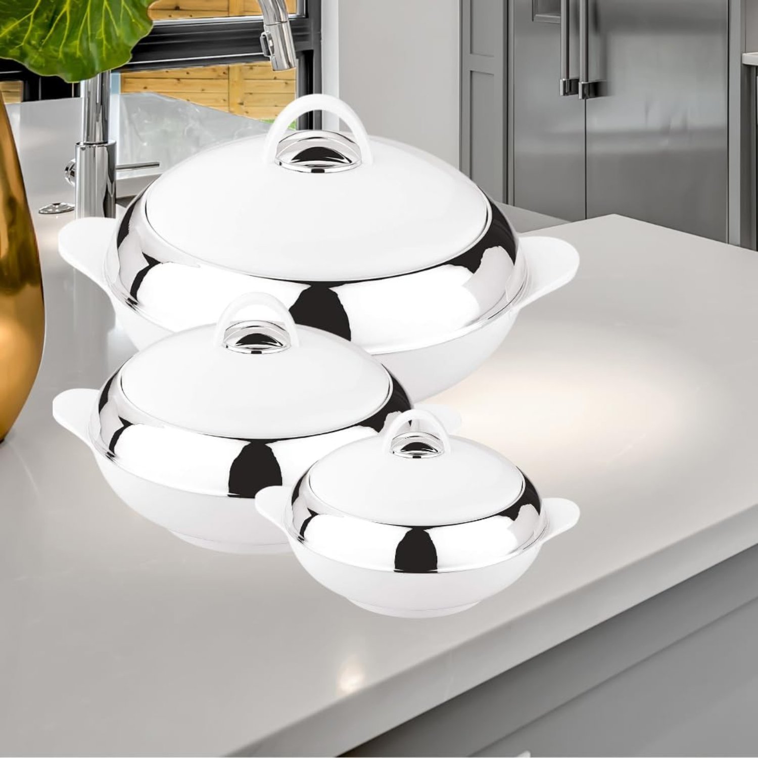 Round Designer Casseroles in Mirror Polished Stainless Steel Perfect for Tabletop Food Serving and Warming Casseroles