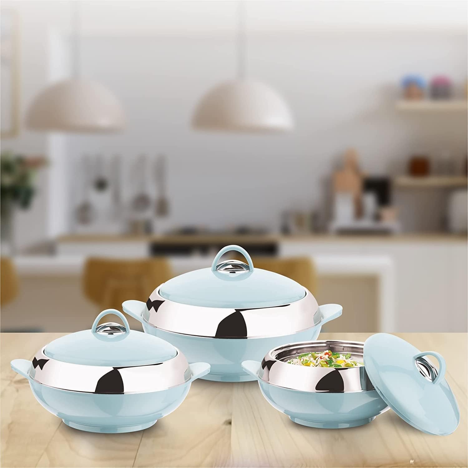 Round Designer Casseroles in Mirror Polished Stainless Steel Perfect for Tabletop Food Serving and Warming Casseroles