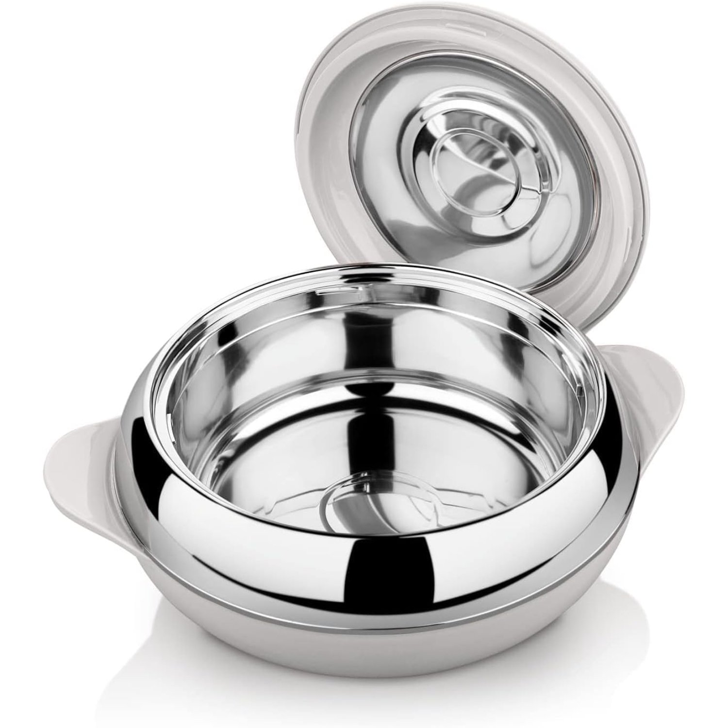 Round Designer Casseroles in Mirror Polished Stainless Steel Perfect for Tabletop Food Serving and Warming Casseroles