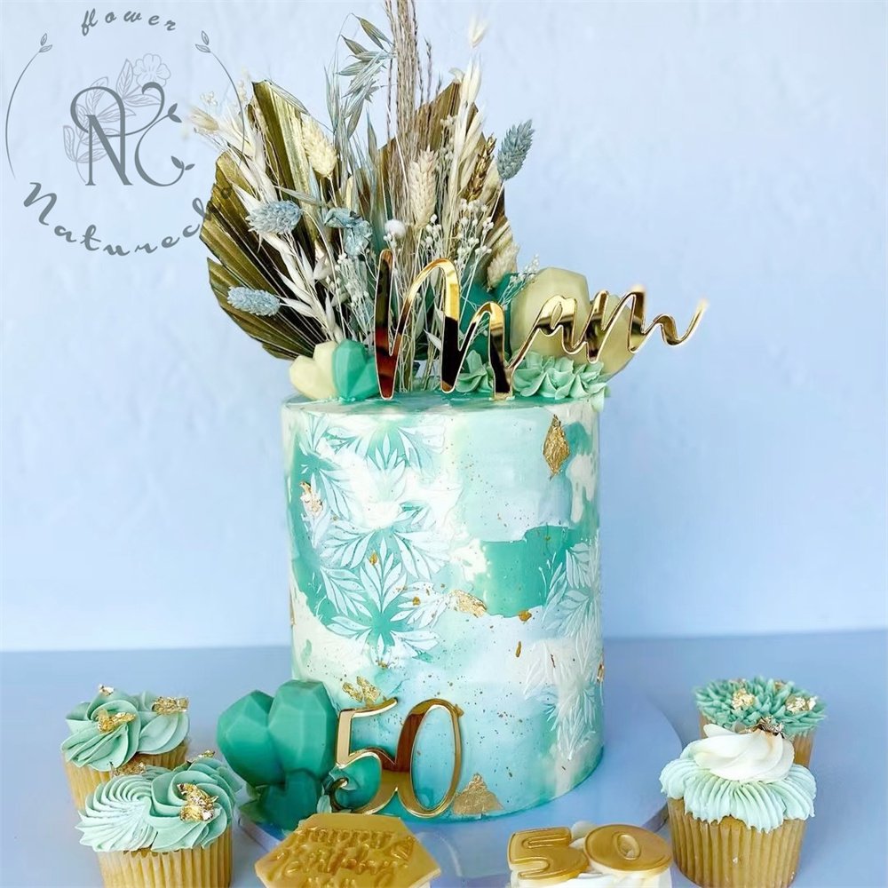 Wholesale Cake decorations supplies dried flower cake topper palm leaf bouquet cupcake topper happy birthday cake toppers