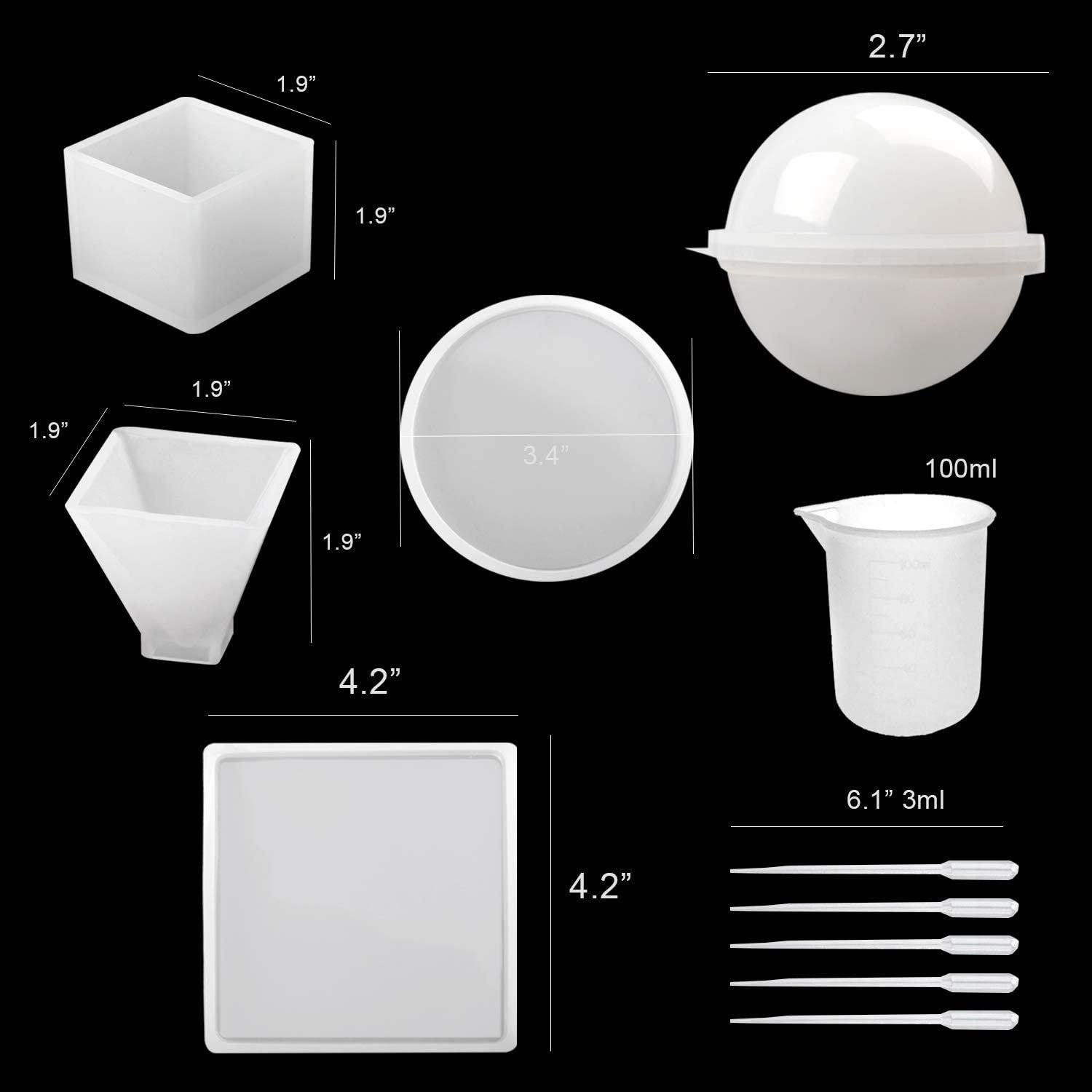 Silicone Resin Molds 5Pcs Resin Casting Molds Including Sphere, Cube, Pyramid, Square, Round for Resin Epoxy, Candle Wax, Soap