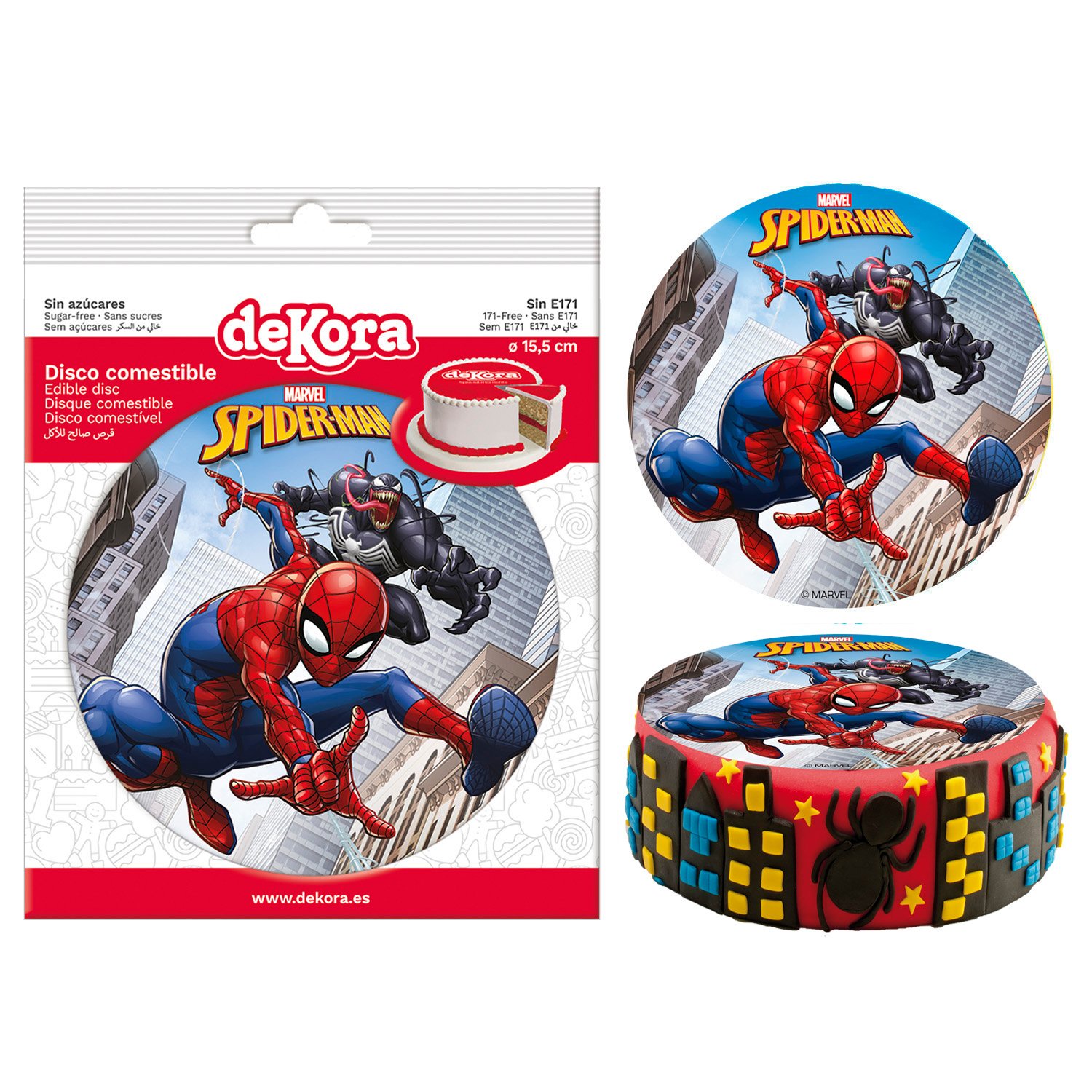 Dekora Brand Box Of 10 Edible Discs For Decorating Cakes With For Spiderman Marvel Design Dia 15.5Cm