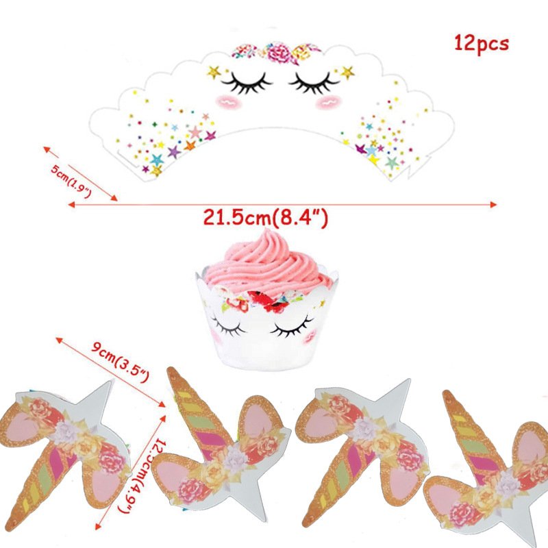 Wholesale Colorful Unicorn themed 24 pcs Rainbow Cake Toppers Cupcake Wrappers for Baby Shower Birthday Party Decoration