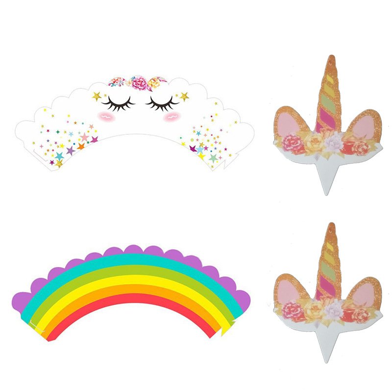 Wholesale Colorful Unicorn themed 24 pcs Rainbow Cake Toppers Cupcake Wrappers for Baby Shower Birthday Party Decoration
