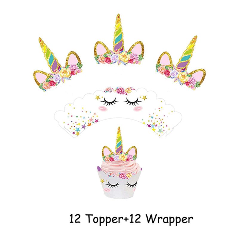Wholesale Colorful Unicorn themed 24 pcs Rainbow Cake Toppers Cupcake Wrappers for Baby Shower Birthday Party Decoration