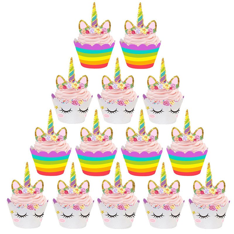 Wholesale Colorful Unicorn themed 24 pcs Rainbow Cake Toppers Cupcake Wrappers for Baby Shower Birthday Party Decoration