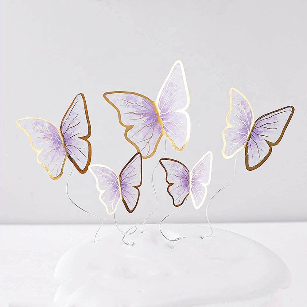 5 Pcs/Pack Cupcake Decoration Butterfly Paper Cake Topper Decoration Set for Happy Birthday Wedding Cake Decoration Supplies