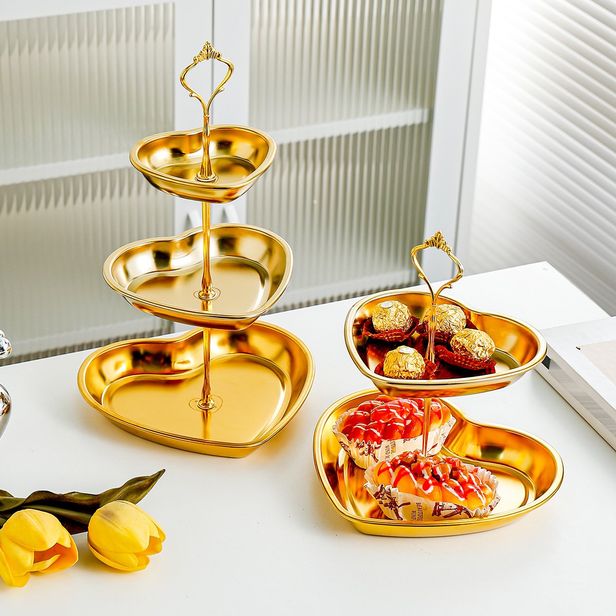 Heart Shape Serving Tray Dessert Stand 2/3 Tier Cupcake Display Tower Stainless Steel Round Snack Cake Stand For Wedding Party