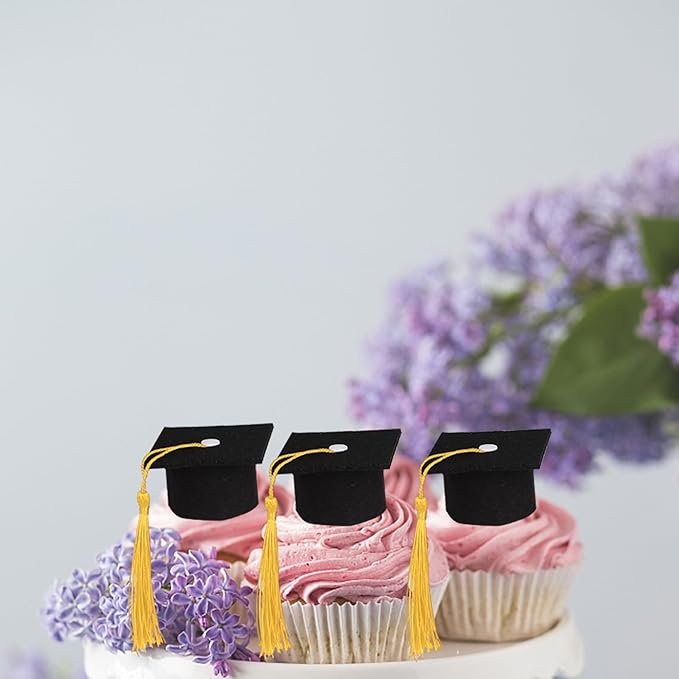 3D Graduation Cap Cupcake Toppers DIY 2024 Grad Cap Cake Toppers with Tassel for Graduation Congrats Theme Party Decorations