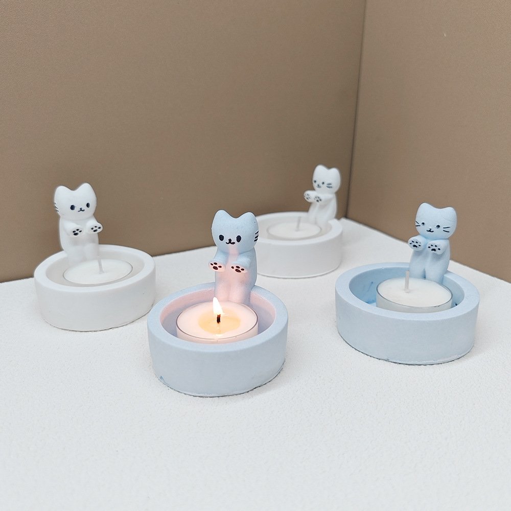 Early Riser Cartoon kitten Candle Stand Silicone Mold Gypsum Craft Supplies Home Decor Silicone Mold