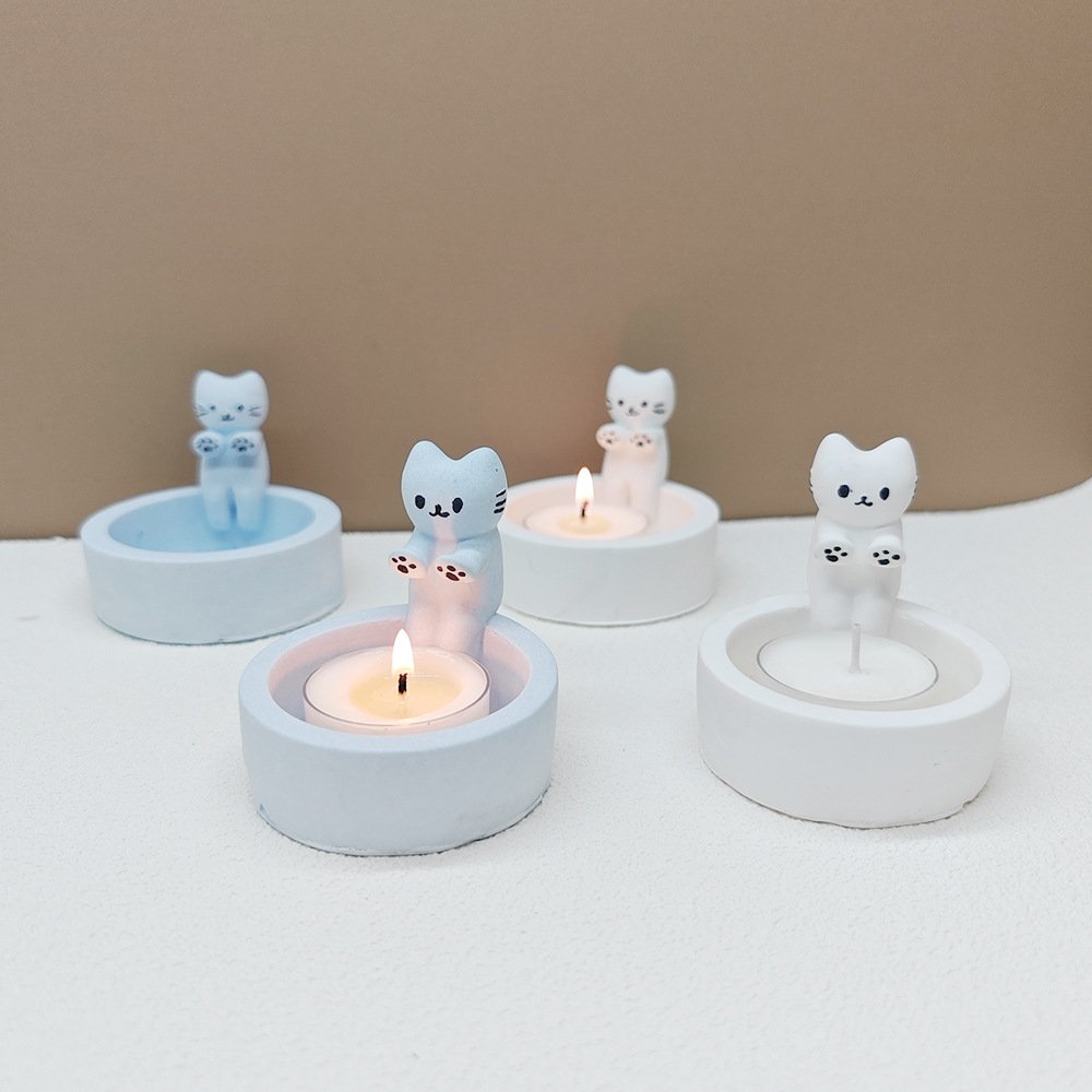 Early Riser Cartoon kitten Candle Stand Silicone Mold Gypsum Craft Supplies Home Decor Silicone Mold
