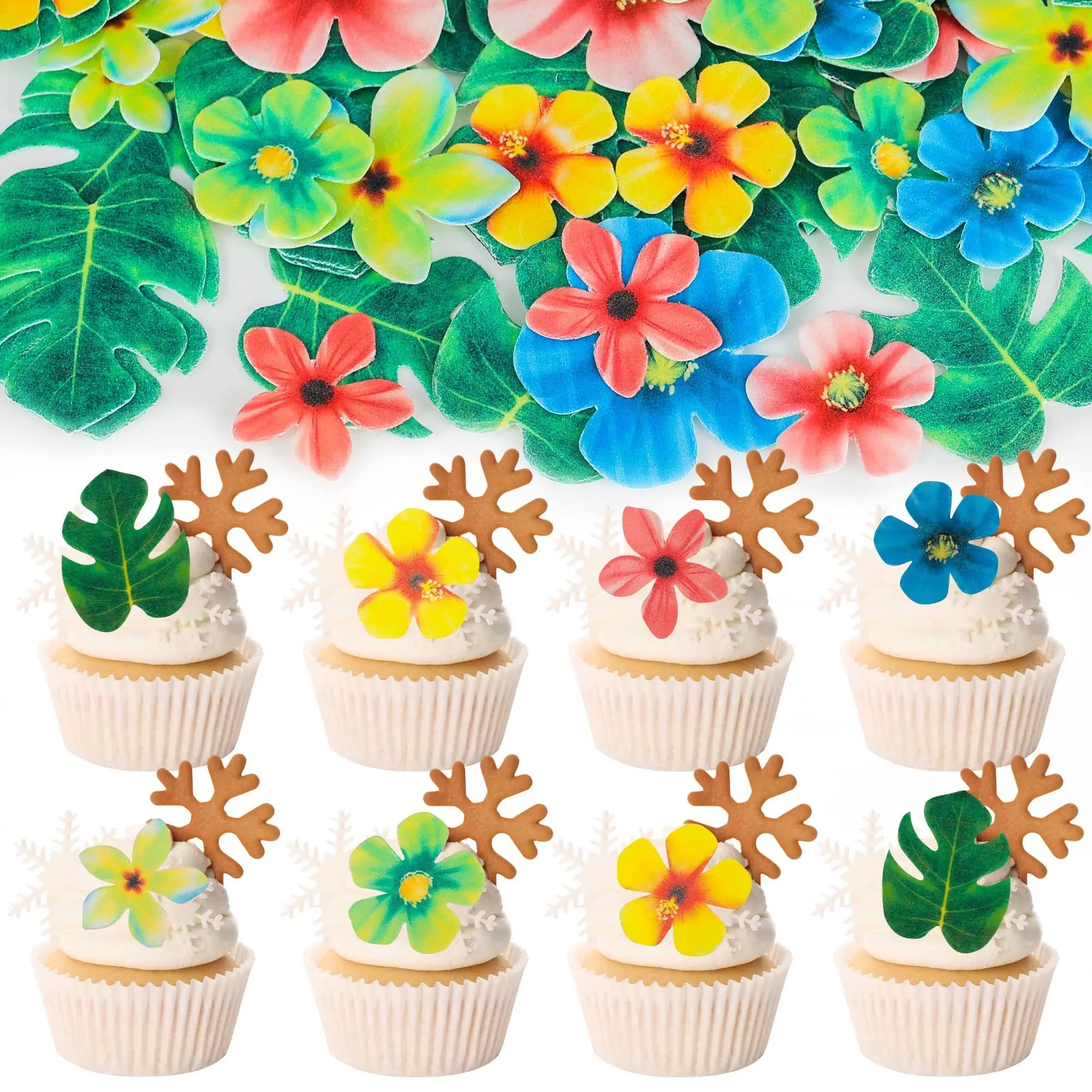 Colorful Paper Flowers Cupcake Toppers Edible Tropical Flowers Cake Decorating Wedding Birthday Party Supplies Decorations