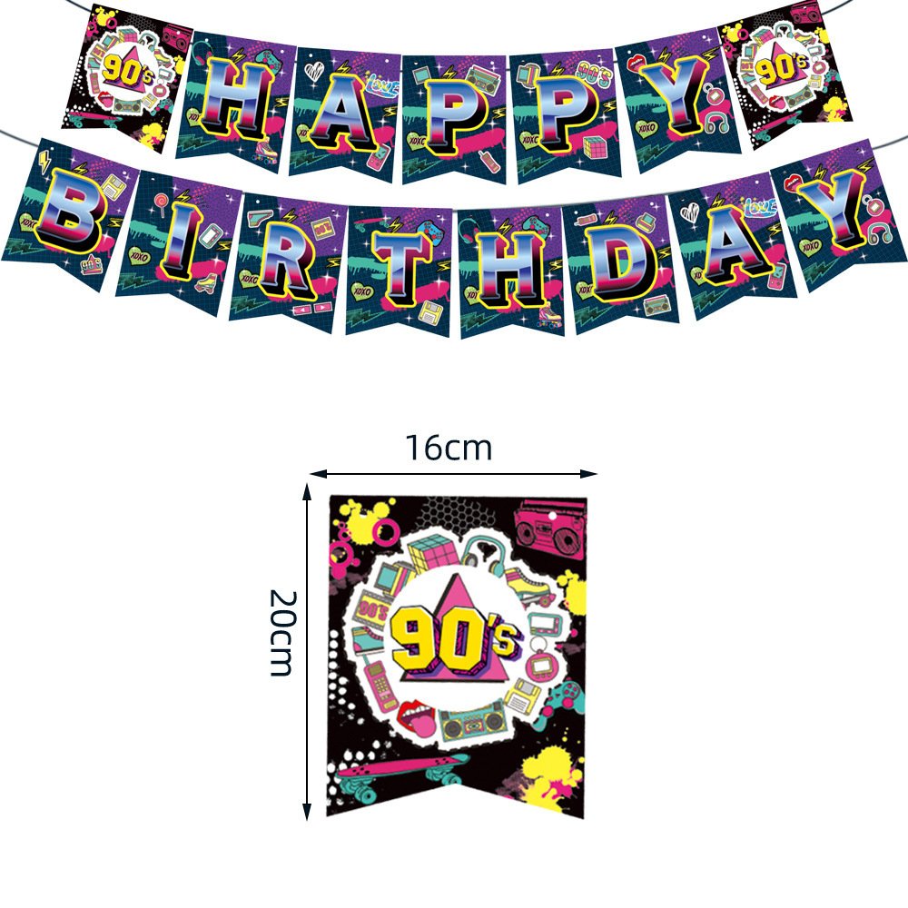 90S theme happy birthday party banner hanging balloon cake topper tablecloth pack decoration supplies set for 90s themed party