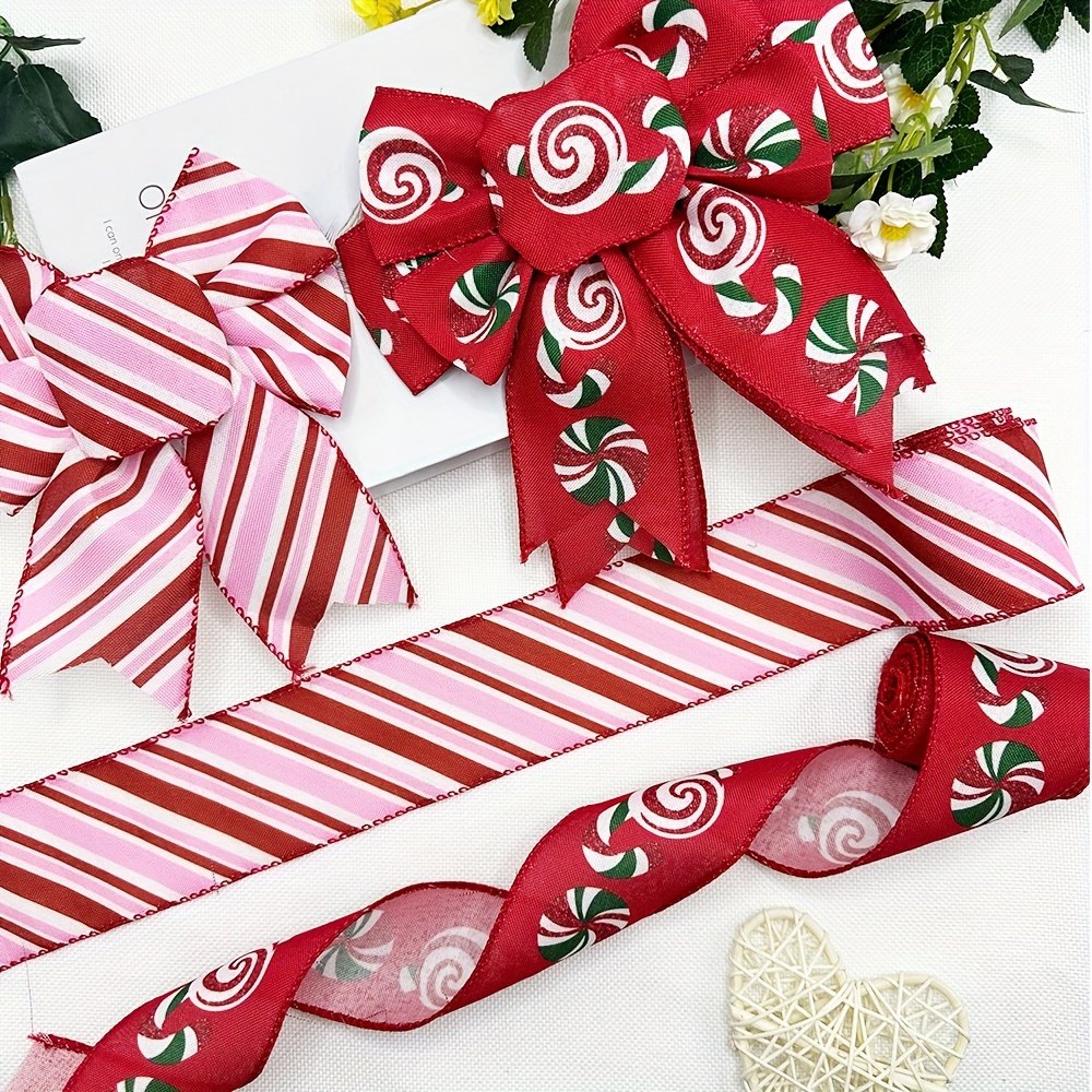 2 Roll Red & Pink Candy Cane Design , For Gift Wrapping Diy Crafts Wreaths,2.5inch Wired Polyester Ribbons For Holiday Decor