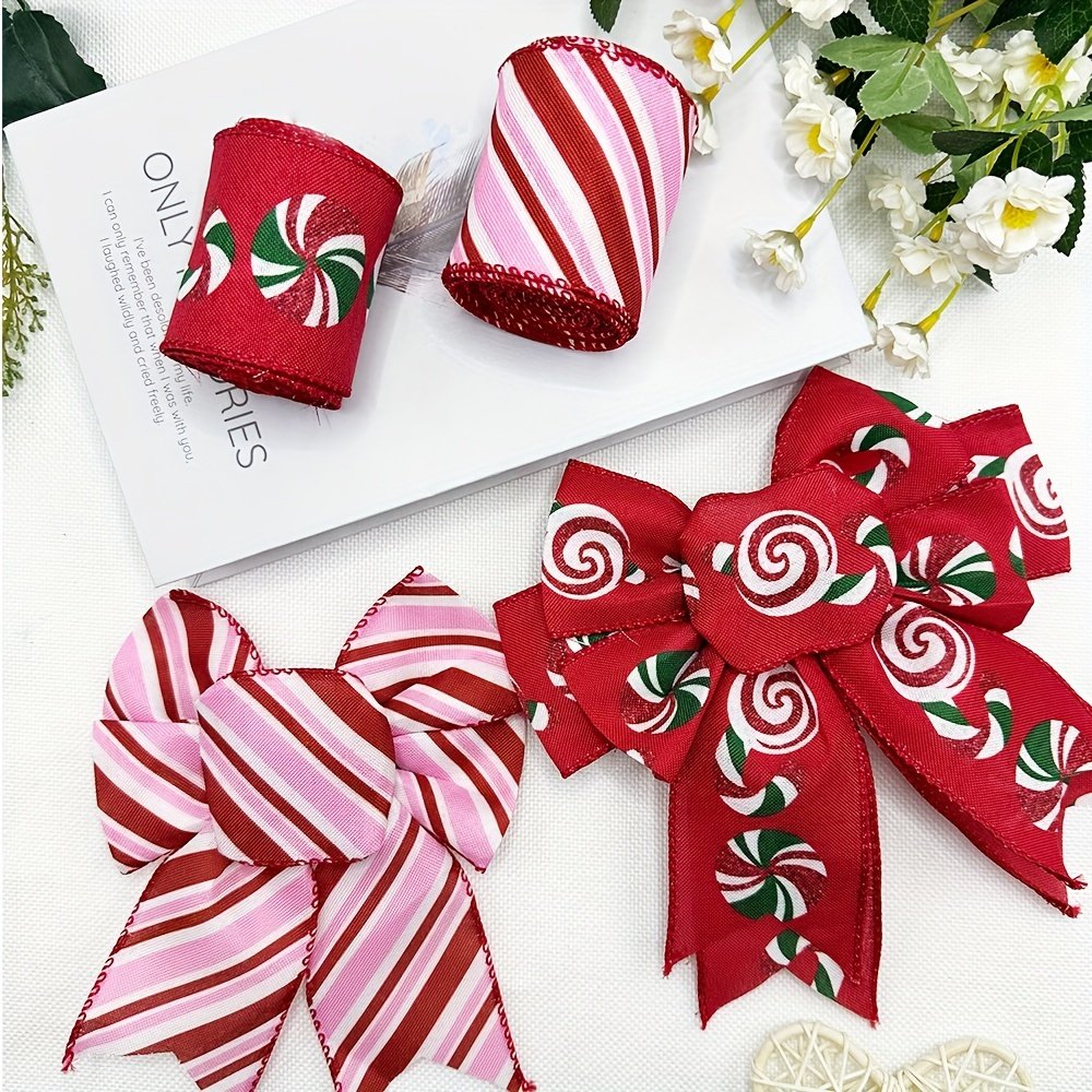 2 Roll Red & Pink Candy Cane Design , For Gift Wrapping Diy Crafts Wreaths,2.5inch Wired Polyester Ribbons For Holiday Decor