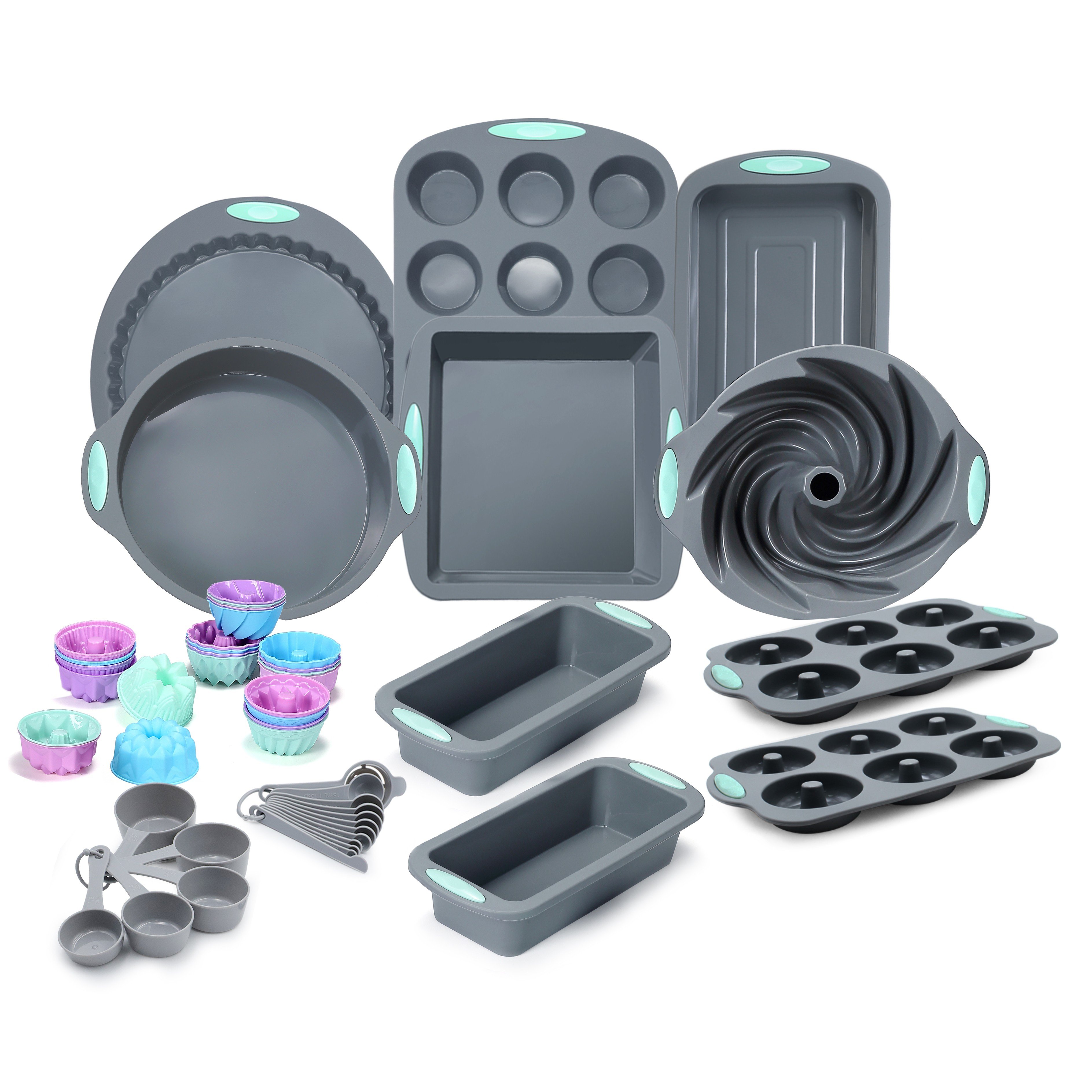 Ultimate 51-Piece Non-Stick Silicone Baking Essentials Set Includes Cake Molds Loaf Muffin Donut Pans Measuring Cups & Spoons
