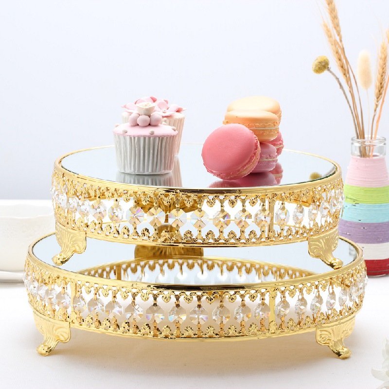 Gold Mirror Crystal Round Cake Stand Mirror Dessert Cupcake Stand Display Holder for Wedding Birthday Holiday Party Decoration