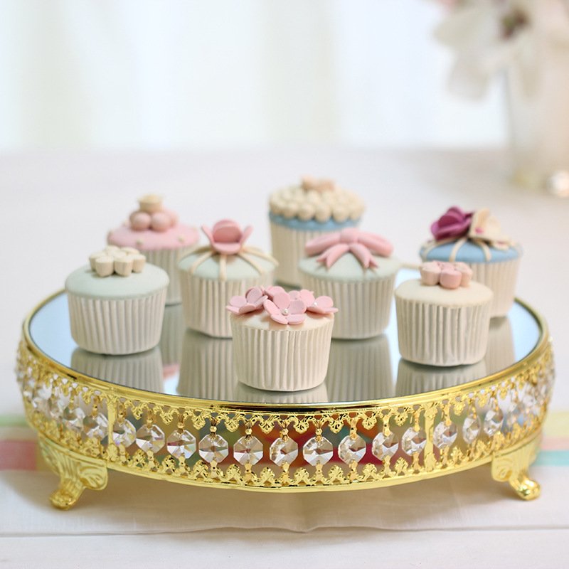 Gold Mirror Crystal Round Cake Stand Mirror Dessert Cupcake Stand Display Holder for Wedding Birthday Holiday Party Decoration