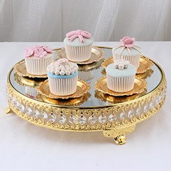 Gold Mirror Crystal Round Cake Stand Mirror Dessert Cupcake Stand Display Holder for Wedding Birthday Holiday Party Decoration