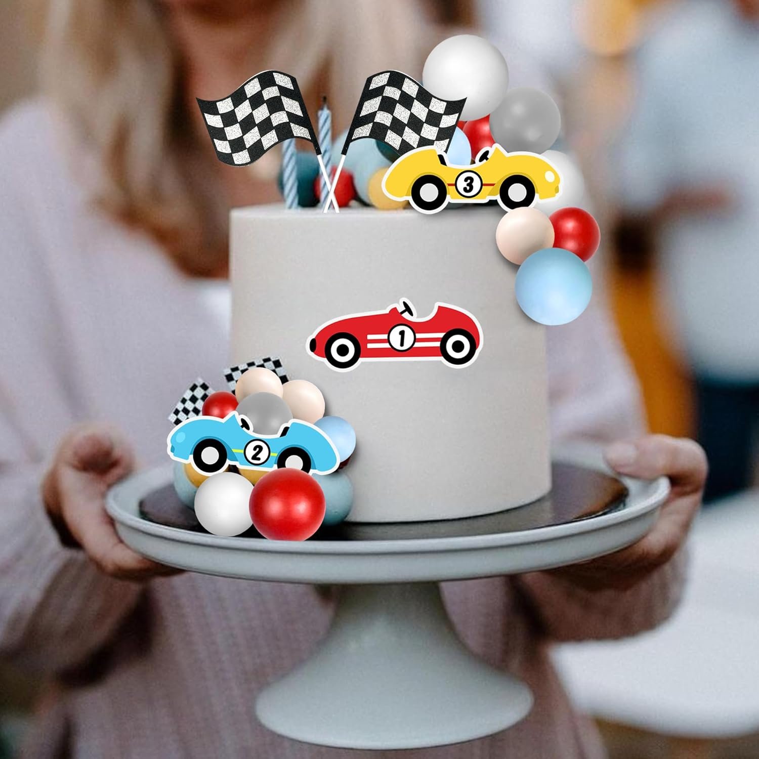 Racing Cake Toppers Race Car Birthday Cake Decorations for Car Checkered Flag Birthday Anniversary Party Decorations Supplies