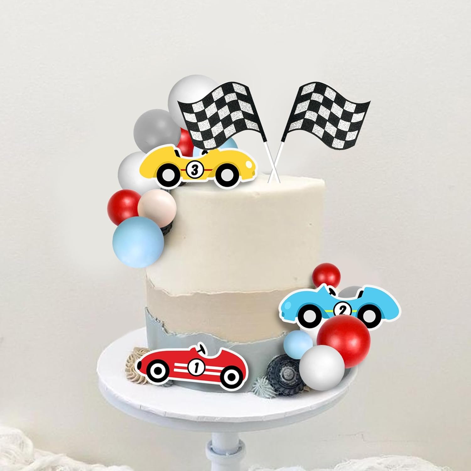 Racing Cake Toppers Race Car Birthday Cake Decorations for Car Checkered Flag Birthday Anniversary Party Decorations Supplies