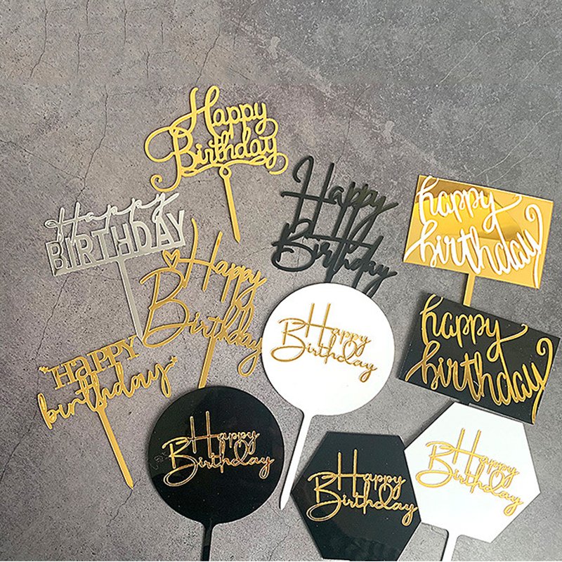 Happy Birthday Cake Decoration Black Gold Acrylic Cake Topper Party Baking Cake Decoration Supplies