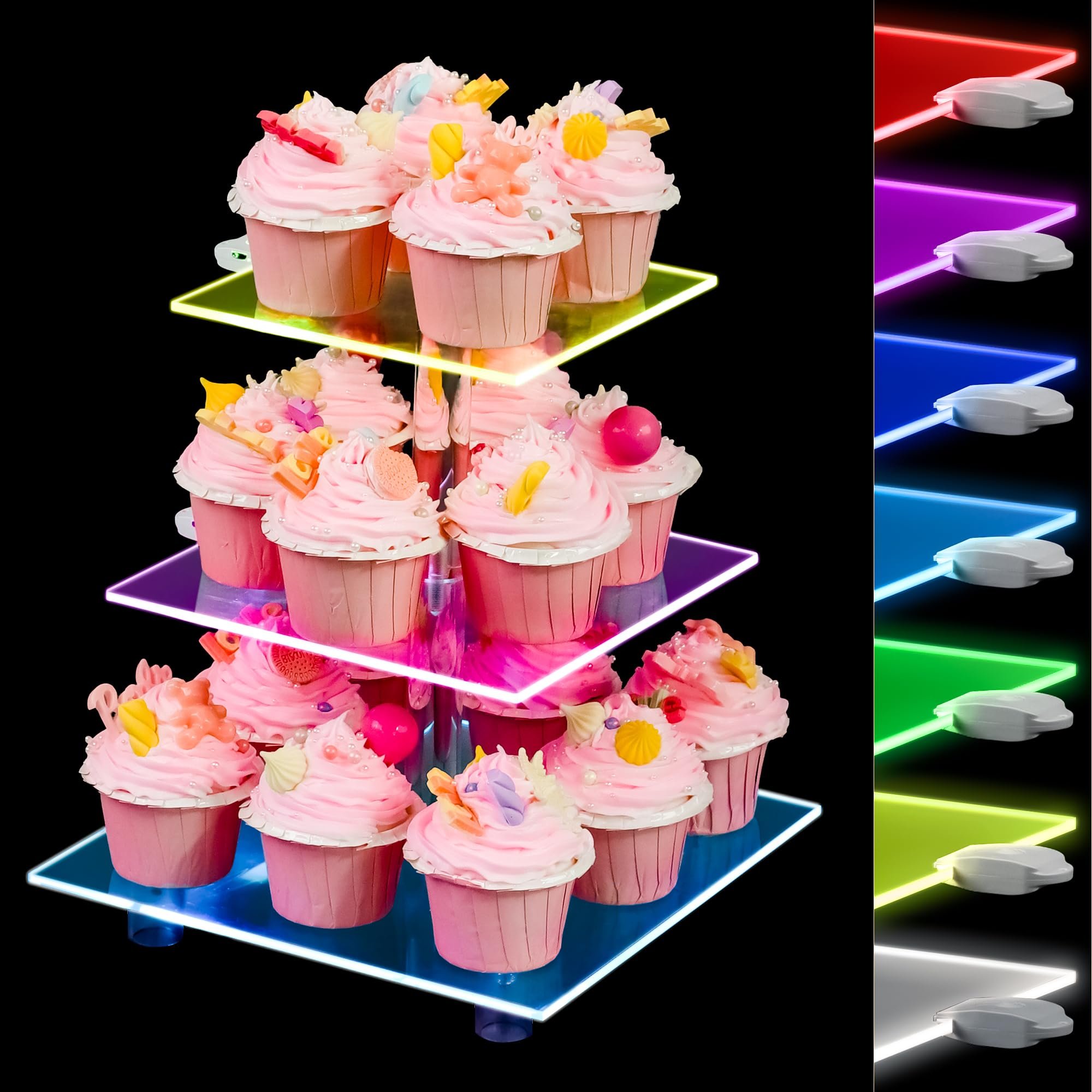 Factory wholesale 3 Tier Cupcake tower with Rechargeable light Clear Acrylic cake topper Stand for Dessert Table Wedding Party