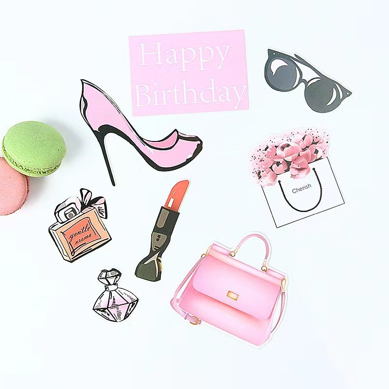 New arrival Paper Happy Birthday Cake Decoration Perfume Lipstick Card Insert Glasses High Heels Makeup Paper Set cake topper
