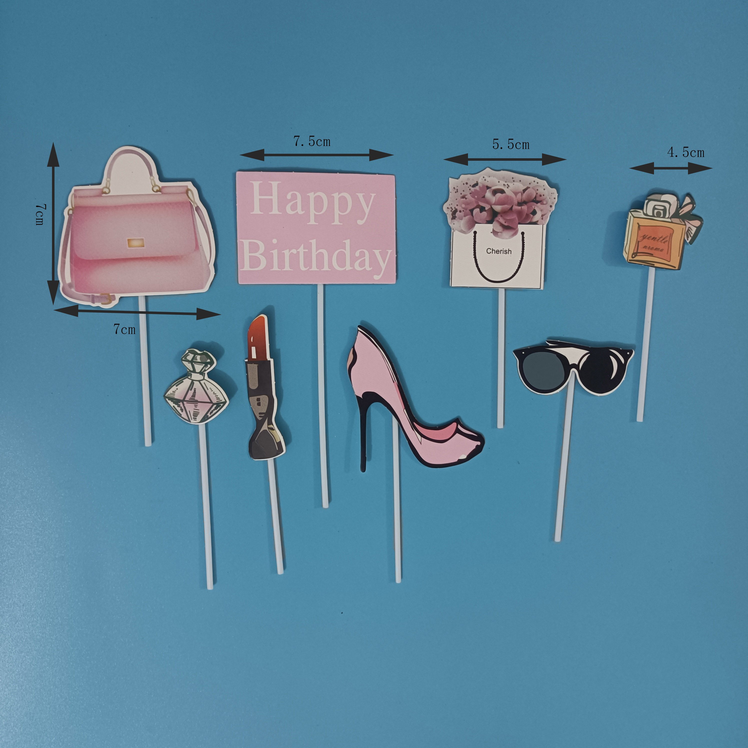 New arrival Paper Happy Birthday Cake Decoration Perfume Lipstick Card Insert Glasses High Heels Makeup Paper Set cake topper