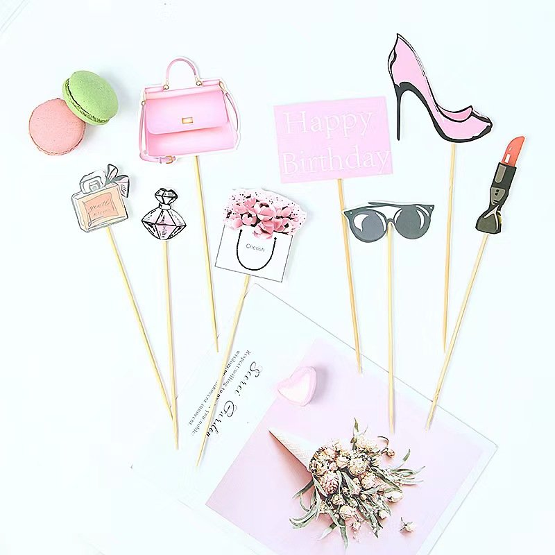 New arrival Paper Happy Birthday Cake Decoration Perfume Lipstick Card Insert Glasses High Heels Makeup Paper Set cake topper