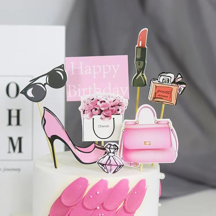 New arrival Paper Happy Birthday Cake Decoration Perfume Lipstick Card Insert Glasses High Heels Makeup Paper Set cake topper