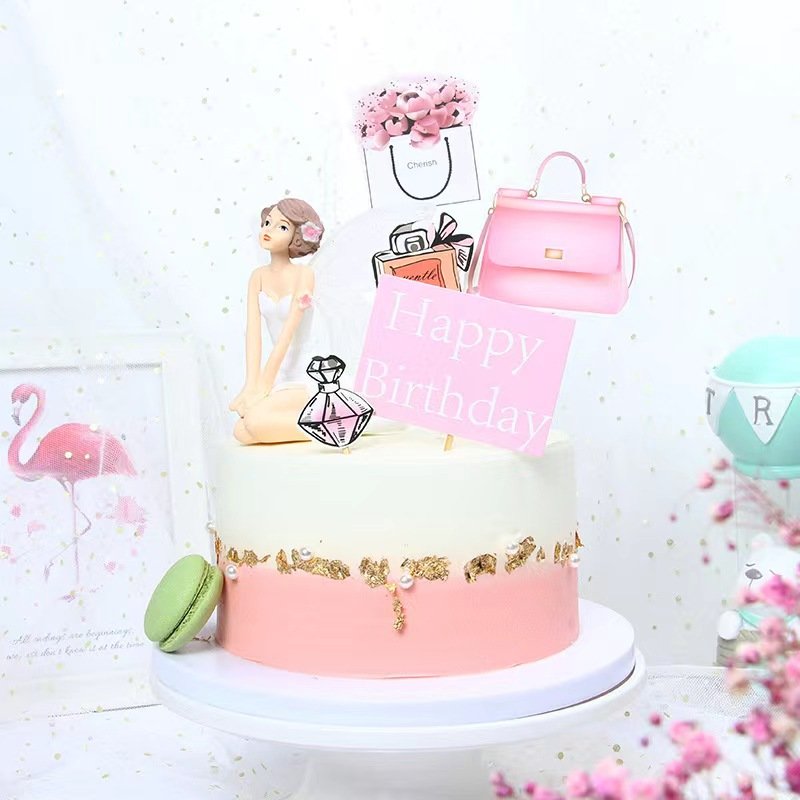 New arrival Paper Happy Birthday Cake Decoration Perfume Lipstick Card Insert Glasses High Heels Makeup Paper Set cake topper