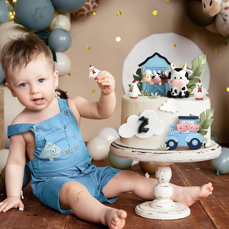 Farm Cake Toppers Cartoon Animal Cake Topper Decorations for Birthday Party Baby Shower Decor (Blue)
