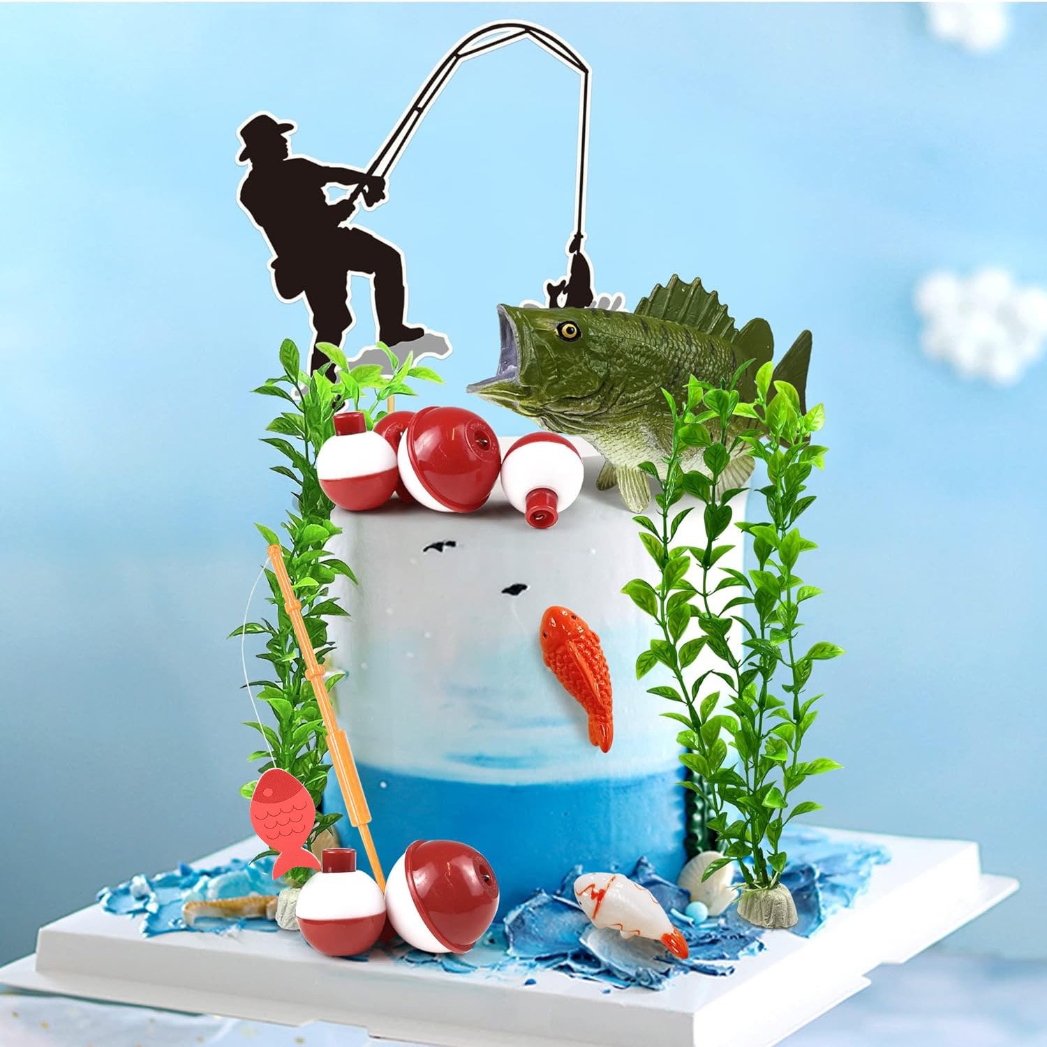 Gone Fishing Cake Topper, 14 Pieces Fisherman Themed Decoration for Retirement Party Supplies
