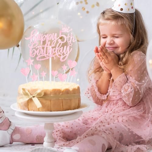 Happy Birthday Cake Decoration with Glitter 5th Birthday Cake Topper Star Cupcake Picks for Baby Shower Birthday Party Decor