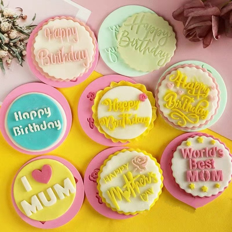 Acrylic English Happy Birthday Cake Mold Simple Cne-step Molding Concave and Convex Printing Fondant Cake Decor Mold Wholesale