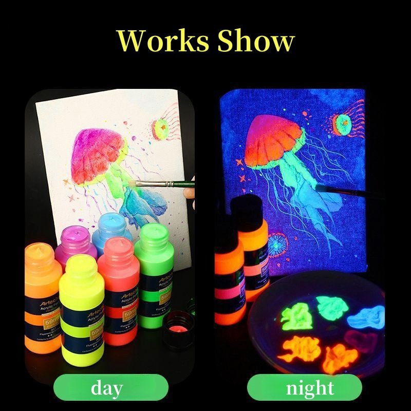 Glow in the Dark Paint, 6 Colors (59 ml / 2 oz) Acrylic Paint for Decoration, Art Painting, Art Supplies for Canvas, Rock, Wood