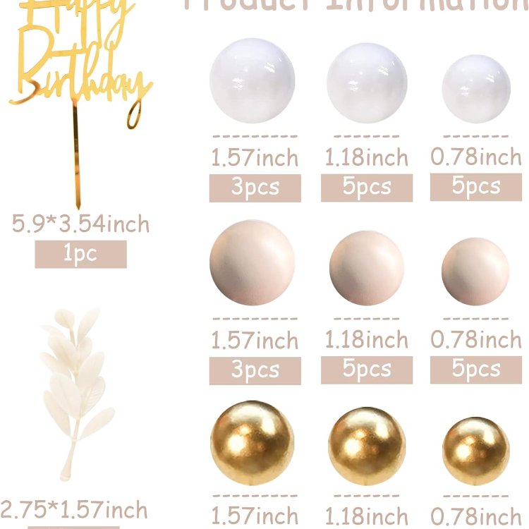 Khaki Balls Cake Topper Boho Grass Khaki White Gold Pearl Balls Happy Birthday Cake Decorations for Wedding Party Supplies