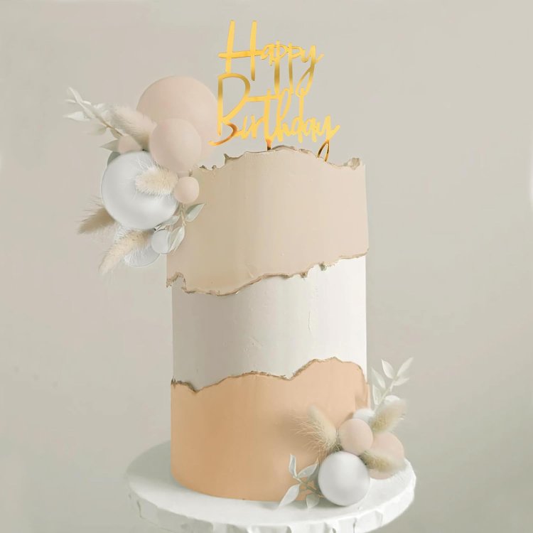 Khaki Balls Cake Topper Boho Grass Khaki White Gold Pearl Balls Happy Birthday Cake Decorations for Wedding Party Supplies