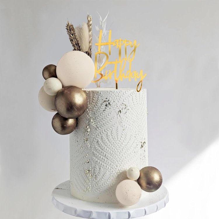 Khaki Balls Cake Topper Boho Grass Khaki White Gold Pearl Balls Happy Birthday Cake Decorations for Wedding Party Supplies