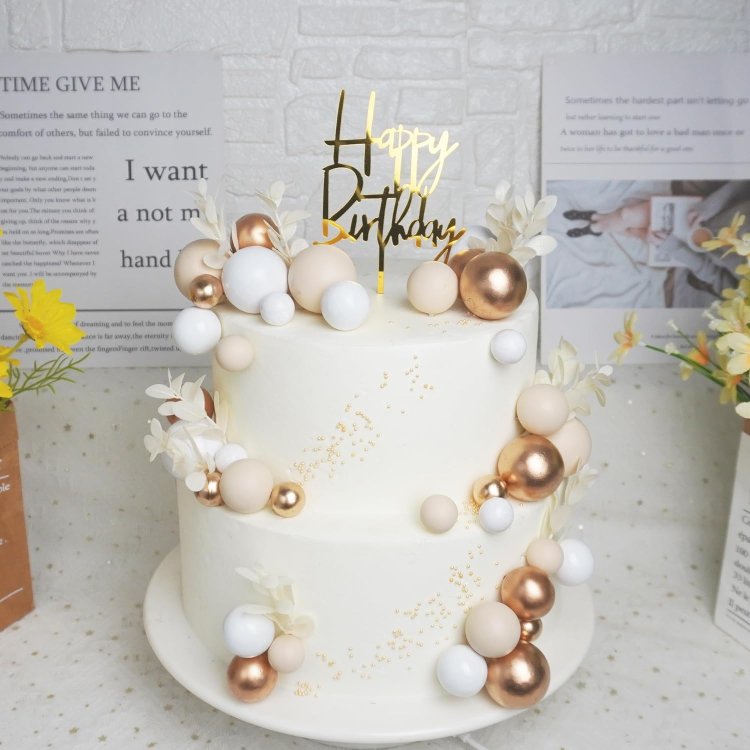Khaki Balls Cake Topper Boho Grass Khaki White Gold Pearl Balls Happy Birthday Cake Decorations for Wedding Party Supplies