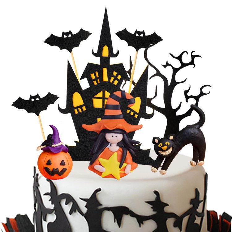 Halloween Cake Topper Haunted House Pumpkin Girl Bat Black Cat Cupcake topper for Wizard Party Ghost Party Spider Party