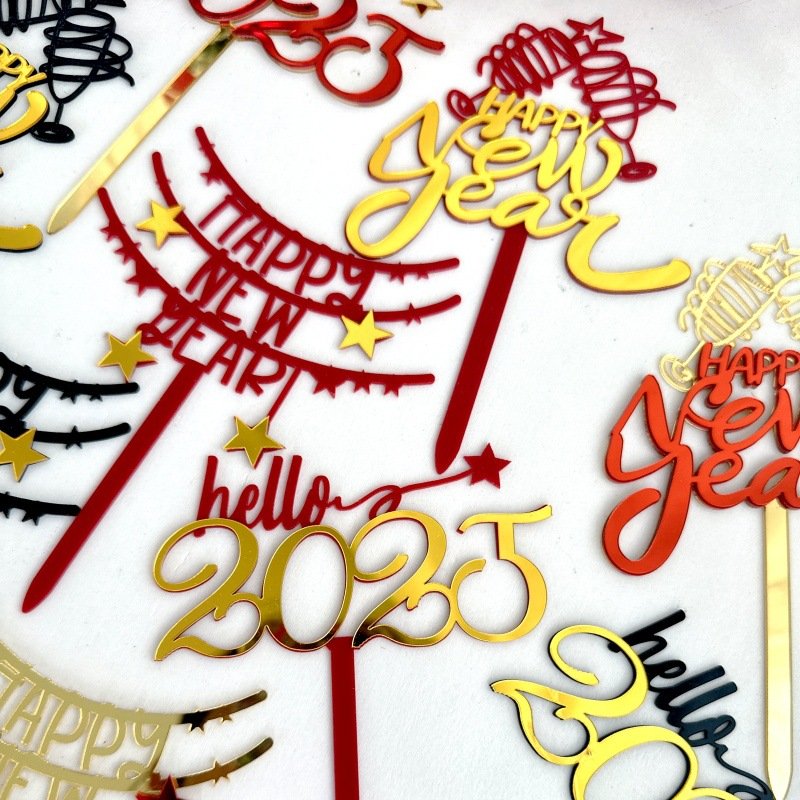 2025 Happy New Year Double layer DIY Custom Acrylic Cake Toppers Festive Party Supplies Cake Decorations