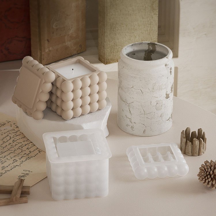 YS Square Bubble Candle Cup Silicone Molds With Lid Soy Wax Candle Container Casting Mould DIY Gypsum Storage Box Making