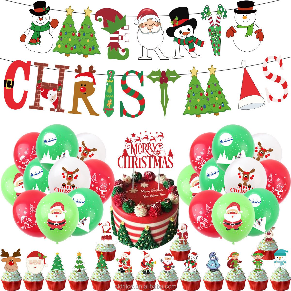 Nice Merry Christmas Party Decorations Banner Cake Toppers Santa Claus Balloons Bell Cupcake Toppers For Christmas